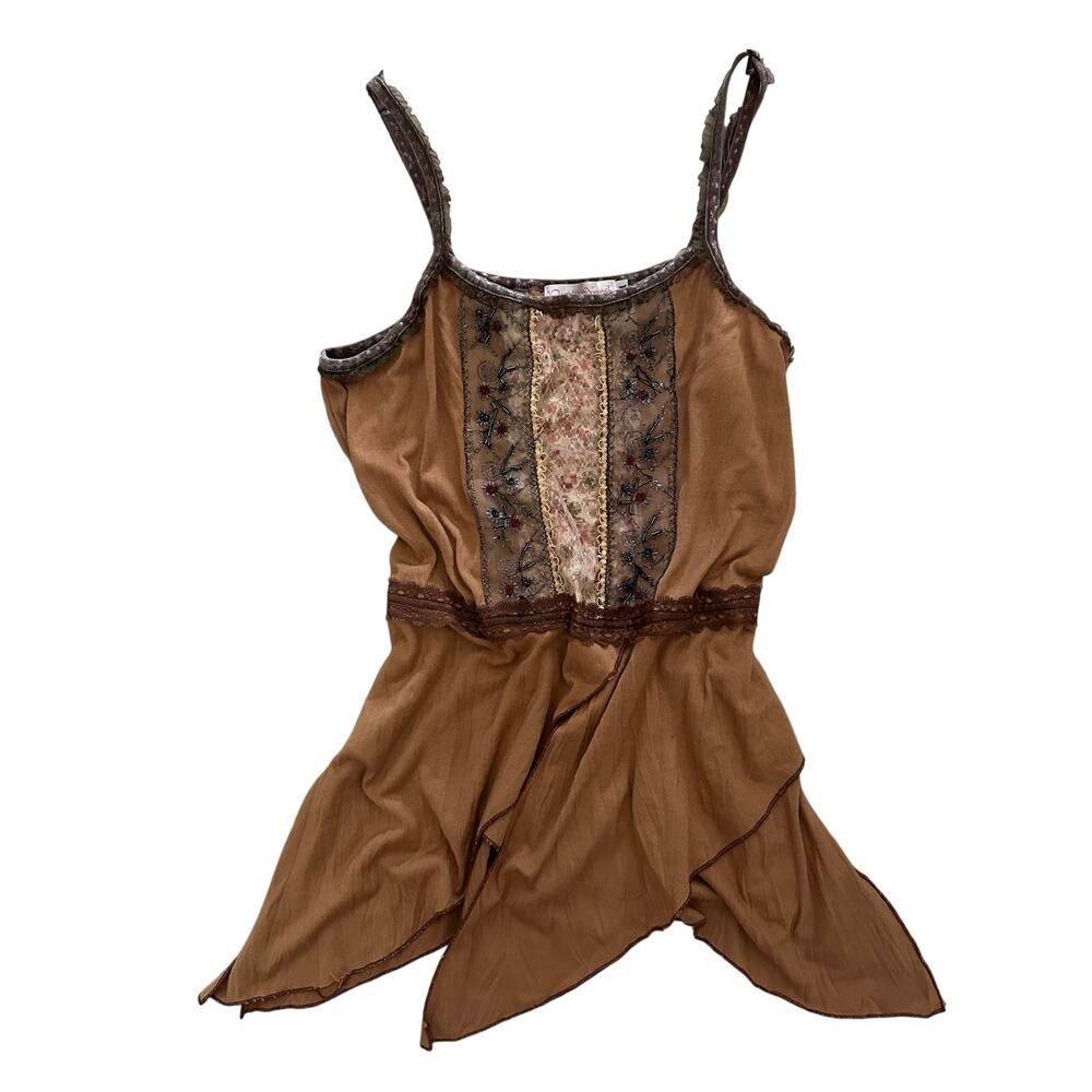 Y2k brown lace beaded assymetrical hem fairy cami tank top